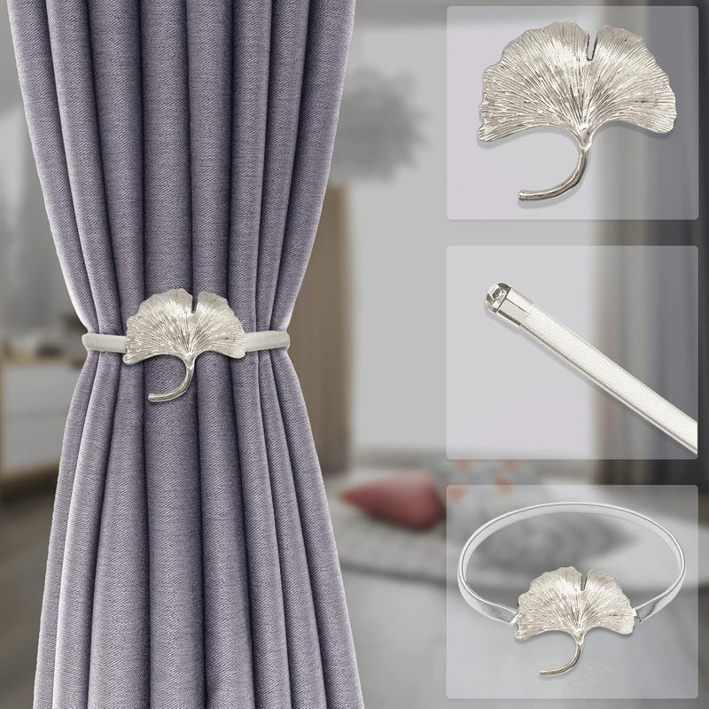 LLPMutu 4Pack Curtain Tiebacks Aluminum Alloy Spring Design Curtain Holdback Leaf Carving Design Curtain Ties for Drapes Curtain Ties Backs Curtain Modern Style Curtain Holdback Decor (Silver Ginkgo) - Image 2